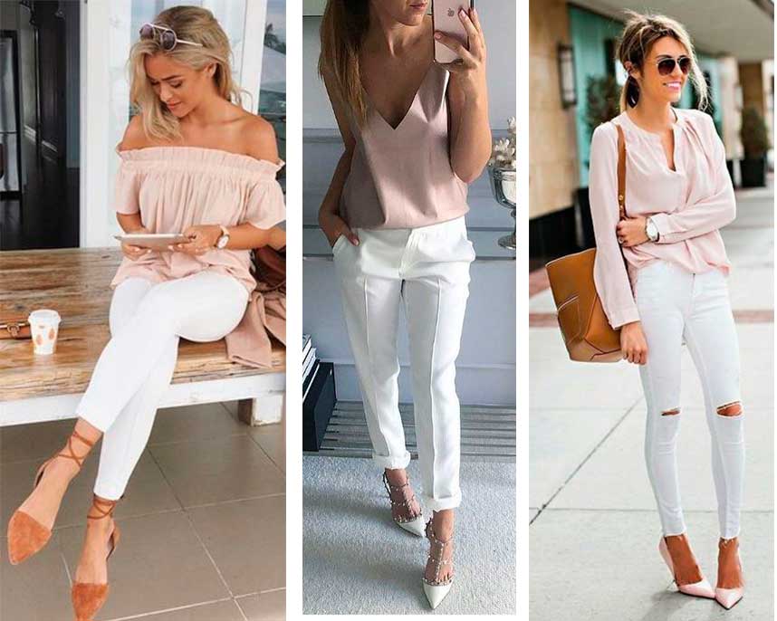 Λευκό παντελόνι με nude